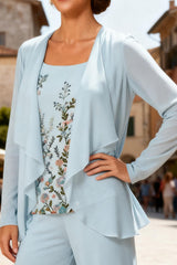 Dreamyannie Light Blue Chiffon Floral 3 Piece Mother Of The Bride Pant Suits With Jacket