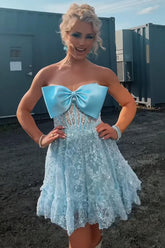 Dreamyannie Light Blue Homecoming Dresses Lace Short Corset Cocktail Dresses With Bow