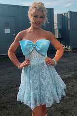 Dreamyannie Light Blue Homecoming Dresses Lace Short Corset Cocktail Dresses With Bow