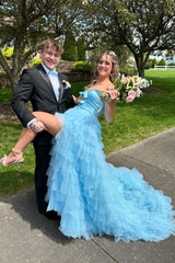 Dreamyannie Light Blue Prom Dress A-Line Ruffled Long Formal Dress With Slit