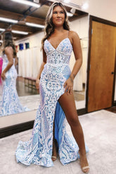 Dreamyannie Light Blue Prom Dress Mermaid Lace Formal Dress With Slit