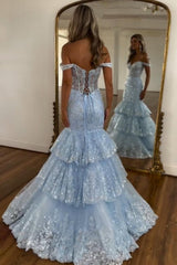 Dreamyannie Light Blue Prom Dress Mermaid Off The Shoulder Long Formal Dress With Lace