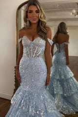 Dreamyannie Light Blue Prom Dress Mermaid Off The Shoulder Long Formal Dress With Lace