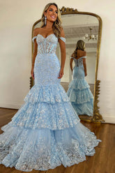 Dreamyannie Light Blue Prom Dress Mermaid Off The Shoulder Long Formal Dress With Lace