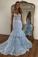 Dreamyannie Light Blue Prom Dress Mermaid Off The Shoulder Long Formal Dress With Lace