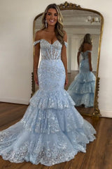 Dreamyannie Light Blue Prom Dress Mermaid Off The Shoulder Long Formal Dress With Lace