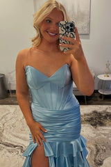 Dreamyannie Light Blue Prom Dress Mermaid Sweetheart Corset Satin Ruffled Long Formal Dress With Slit