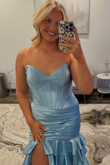 Dreamyannie Light Blue Prom Dress Mermaid Sweetheart Corset Satin Ruffled Long Formal Dress With Slit