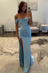Dreamyannie Light Blue Prom Dress Off The Shoulder Corset Mermaid Long Formal Dress With Slit