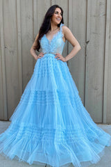 Dreamyannie Light Blue Prom Dress Ruffled V-Neck Tulle A Line Long Formal Dress