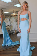 Dreamyannie Light Blue Prom Dress Satin Spaghetti Straps Cut Out Long Formal Dress