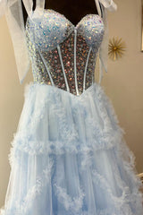 Dreamyannie Light Blue Prom Dress Sequined A-Line Tie-Strap Long Formal Dress