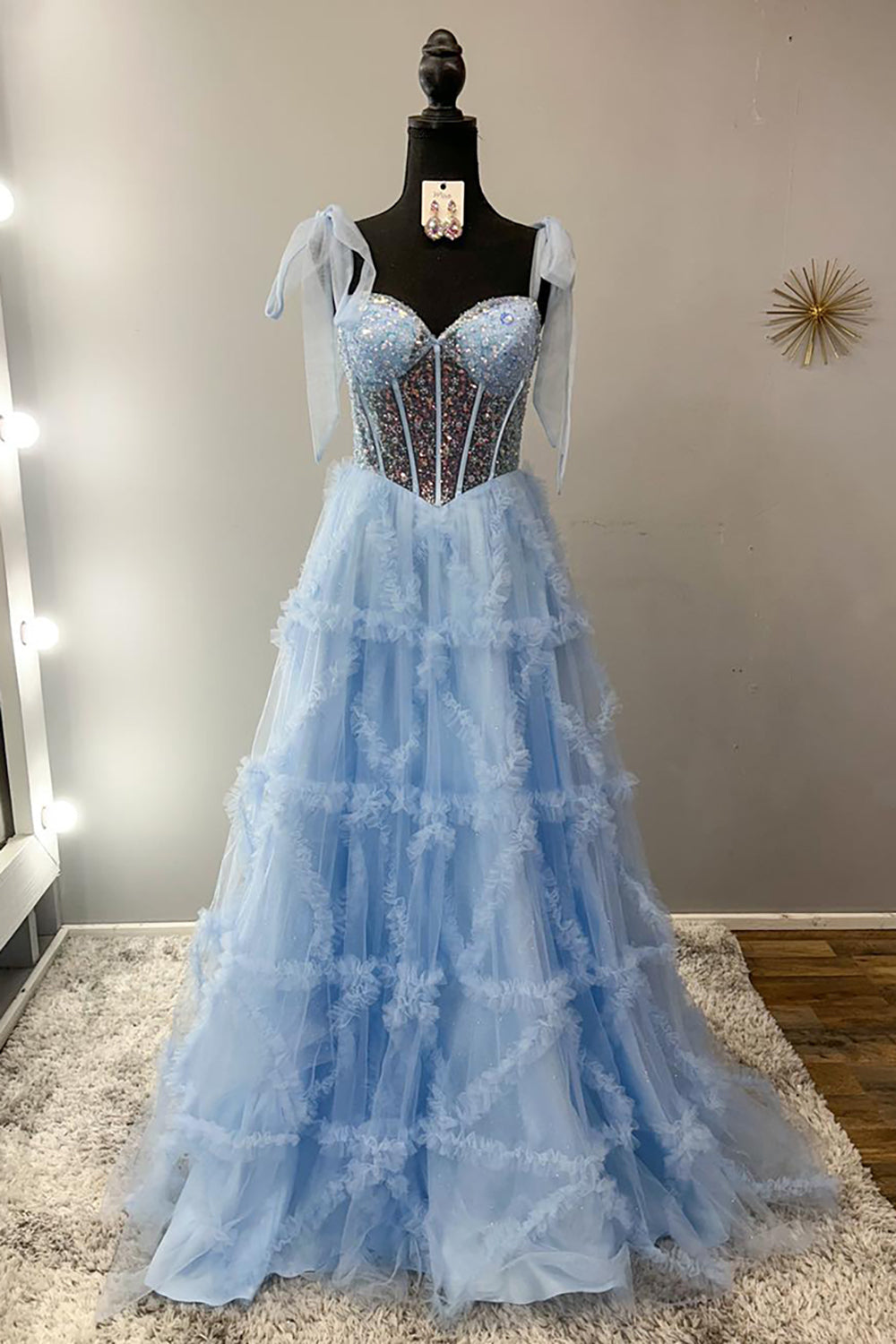Dreamyannie Light Blue Prom Dress Sequined A-Line Tie-Strap Long Formal Dress