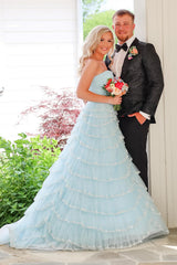 Dreamyannie Light Blue Prom Dress Strapless Ruffled Long Formal Dress With Slit