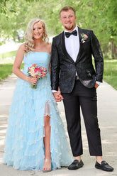 Dreamyannie Light Blue Prom Dress Strapless Ruffled Long Formal Dress With Slit