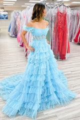 Dreamyannie Light Blue Prom Dress Tulle A-Line Off The Shoulder Long Formal Dress With Slit
