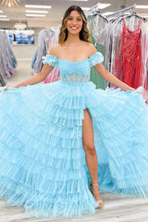 Dreamyannie Light Blue Prom Dress Tulle A-Line Off The Shoulder Long Formal Dress With Slit