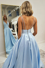Dreamyannie Light Blue Prom Dress V-Neck A Line Formal Dress With Pockets