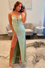 Dreamyannie Light Green Prom Dress Beaded Spaghetti Straps Formal Dress With Slit
