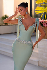 Dreamyannie Light Green Prom Dress Column V Neck Beaded Spaghetti Strap Sleeveless Satin Formal Dress