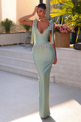 Dreamyannie Light Green Prom Dress Column V Neck Beaded Spaghetti Strap Sleeveless Satin Formal Dress