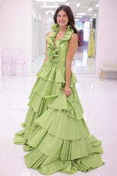 Dreamyannie Light Green Prom Dress Ruffled Halter Chiffon A Line Formal Dress