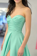 Dreamyannie Light Green Prom Dress Satin A Line Strapless Long Formal Dress With Slit
