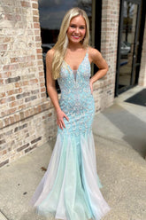 Dreamyannie Light Green Prom Dress Spaghetti Straps Mermaid Long Lace Formal Dress