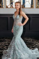 Dreamyannie Light Green Prom Dress V-Neck Mermaid Tulle Formal Dress