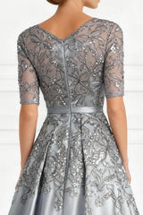 Dreamyannie Light Grey Floral A Line Satin Floor Length Mother Of The Bride Drees With Lace