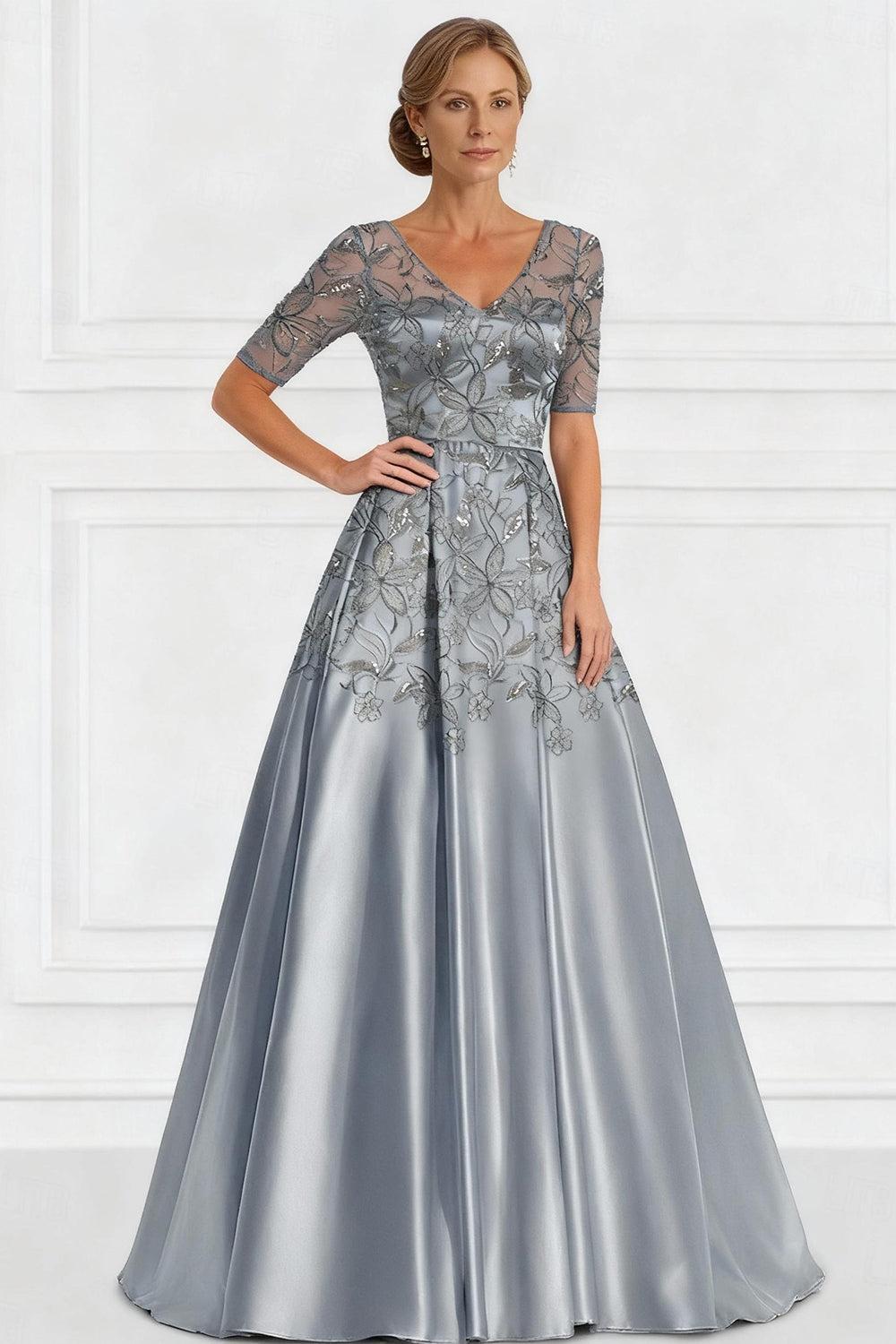 Dreamyannie Light Grey Floral A Line Satin Floor Length Mother Of The Bride Drees With Lace