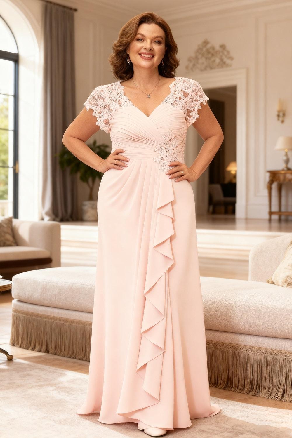 Dreamyannie Light Pink Chiffon Floor Length Plus Size Mother Of The Bride Dress With Lace