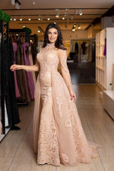 Dreamyannie Light Pink Prom Dress Lace High Neck Long Sleeve Formal Dress With Detachable Panel Train