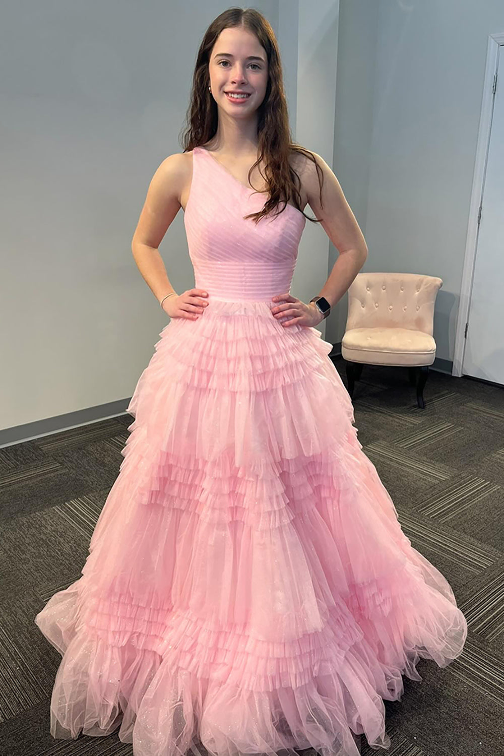 Dreamyannie Light Pink Prom Dress Tiered A-Line One Shoulder Long Formal Dress