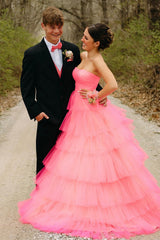 Dreamyannie Light Pink Prom Dress Tulle Tiered A-Line Sweetheart Long Formal Dress