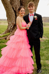 Dreamyannie Light Pink Prom Dress Tulle Tiered A-Line Sweetheart Long Formal Dress