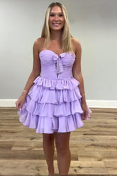 Dreamyannie Lilac A Line Homecoming Dresses Tulle Sweetheart Tiered Cocktail Dresses