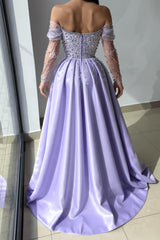 Dreamyannie Lilac Prom Dress A Line Off The Shoulder Rhinestones Satin Pearls Formal Dress