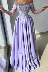 Dreamyannie Lilac Prom Dress A Line Off The Shoulder Rhinestones Satin Pearls Formal Dress