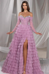 Dreamyannie Lilac Prom Dress A Line Off The Shoulder Sequined Tulle Formal Dress With Slit