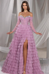 Dreamyannie Lilac Prom Dress A Line Off The Shoulder Sequined Tulle Formal Dress With Slit