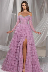Dreamyannie Lilac Prom Dress A Line Off The Shoulder Sequined Tulle Formal Dress With Slit