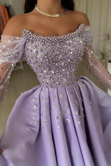 Dreamyannie Lilac Prom Dress A Line One Shoulder Beaded Satin Formal Dress With Pearls And Rhinestones