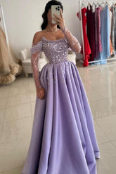 Dreamyannie Lilac Prom Dress A Line One Shoulder Beaded Satin Formal Dress With Pearls And Rhinestones