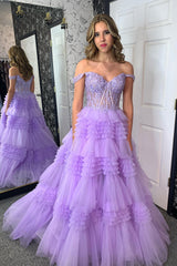 Dreamyannie Lilac Prom Dress A-Line Ruffled Corset Long Formal Dress
