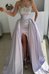 Dreamyannie Lilac Prom Dress A Line Strapless Sleeveless Beaded Panel Train Satin Formal Dress With Rhinestones