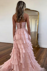 Dreamyannie Pink Prom Dress A-Line Tiered Chiffon Long Formal Dress With Lace