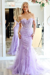Dreamyannie Lilac Prom Dress Appliqued Off The Shoulder Tulle Formal Dress