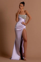 Dreamyannie Lilac Prom Dress Column Strapless Sequined Beading Formal Dress With Slit