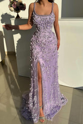 Dreamyannie Lilac Prom Dress Mermaid Spaghetti Strap Slit Floor Length Formal Dress With Pearls And 3D Flowers